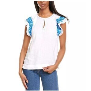 J. Crew White Blue Floral Embroidered 100% Linen Flutter Sleeve Blouse Top Sz S